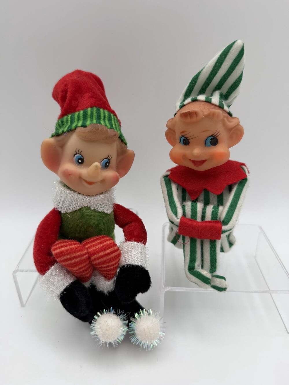 Vintage Knee Hugger Pixie Elf Shelf Sitter Pair 9” Kitschy Christmas Decor Japan